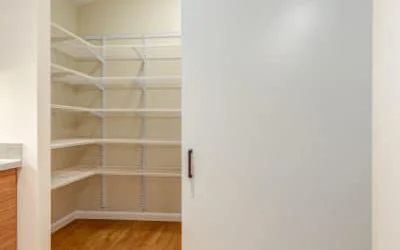 This spacious pantry with its attractive barn door entry will also allow access to wheelchairs. Added bonus is that the wide doorway will grant entry to even the largest big box store item!